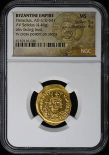 Heraclius Byzantine Empire AV Solidus NGC MS60 Certified Coin: Heraclius Byzantine Empire AV Solidus NGC MS60 Certified Coin This exquisite Heraclius AV Solidus from the Byzantine Empire (AD 610-641) is graded MS60 by NGC, ensuring a high level of quality and pre