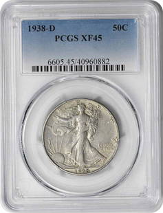1938-D Walking Liberty Half Dollar 50C PCGS EF45 Silver Coin: 1938-D Walking Liberty Half Dollar 50C PCGS EF45 Silver Coin This 1938-D Walking Liberty Silver Half Dollar is a stunning example of American coinage, certified by PCGS with an EF45 grade. The coin fe
