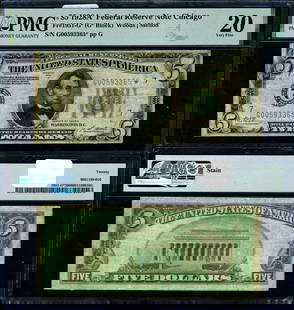 1928-A $5 Chicago Federal Reserve Star Note PMG VF20 G*: 1928-A $5 Chicago Federal Reserve Star Note PMG VF20 G* This is a 1928-A Federal Reserve Note from the Chicago district, featuring a denomination of $5. The note has been certified by PMG with a grade