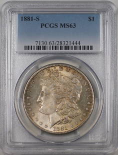 1881-S Morgan Silver Dollar PCGS MS-63 Uncirculated Toned Coin: 1881-S Morgan Silver Dollar PCGS MS-63 Uncirculated Toned Coin This 1881-S US Morgan Silver Dollar is a stunning example of a classic American coin, graded MS-63 by PCGS, indicating its uncirculated c