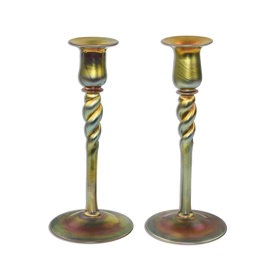 Steuben Signed Gold Aurene Art Glass Candlestick Set of 2 1910: Steuben Signed Gold Aurene Art Glass Candlestick Set of 2 1910 This exquisite set of two Steuben Gold Aurene Glass Candlesticks showcases the elegance of early 20th-century art glass design. Each cand