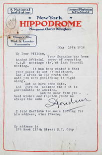 Harry Houdini Signed 5.5x8.5 Letter May 19 1918 COA Beckett: Harry Houdini Signed 5.5x8.5 Letter May 19 1918 COA Beckett This authentic letter, signed by the legendary Harry Houdini, measures 5.5x8.5 inches and is dated May 19th, 1918. The letter is personally