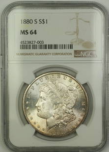 1880-S Morgan Silver Dollar $1 NGC MS 64 Uncirculated Coin: 1880-S Morgan Silver Dollar $1 NGC MS 64 Uncirculated Coin This 1880-S Morgan Silver Dollar is a remarkable collectible coin, graded MS 64 by NGC, indicating an uncirculated condition with lightly ton