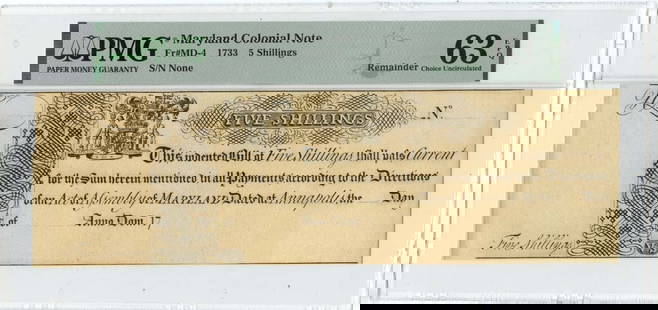 1733 Maryland Colonial 5 Shillings Note PMG MS63 EPQ: 1733 Maryland Colonial 5 Shillings Note PMG MS63 EPQ This 1733 5 Shillings Maryland Colonial Note is a remarkable piece of currency history, certified by PMG with a grade of MS63. Featuring a unique d