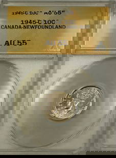 1945-C Canada Newfoundland 10c Silver Coin ANACS AU-55 Km 20a: 1945-C Canada Newfoundland 10c Silver Coin ANACS AU-55 Km 20a This 1945-C Canada-Newfoundland 10c Ten Cents Silver Coin is a notable addition for collectors. Graded AU-55 by ANACS, it features a silve