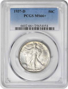 1937-D Walking Liberty Half Dollar MS66+ PCGS Uncirculated Silver Coin: 1937-D Walking Liberty Half Dollar MS66+ PCGS Uncirculated Silver Coin This 1937-D Walking Liberty Half Dollar is a stunning example of American coinage, graded MS66+ by PCGS. Struck at the Denver
