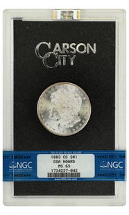 1883-CC Morgan Dollar NGC MS63 with Box and COA: 1883-CC Morgan Dollar NGC MS63 with Box and COA This 1883-CC Morgan Dollar is a remarkable piece, graded MS63 by NGC, ensuring its uncirculated condition. Struck at the Carson City Mint, this dollar