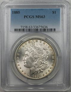 1885 Morgan Silver Dollar PCGS MS63 Uncirculated Coin: 1885 Morgan Silver Dollar PCGS MS63 Uncirculated Coin This 1885 Morgan Silver Dollar is a stunning piece certified by PCGS with a grade of MS 63, ensuring its quality and authenticity. Minted in