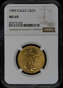 1989 Eagle G$25 Coin NGC MS69 Certified Exceptional Quality: 1989 Eagle G$25 Coin NGC MS69 Certified Exceptional Quality This 1989 Eagle G$25 coin is certified by NGC with a grade of MS69, indicating its exceptional quality and condition. The coin features intr