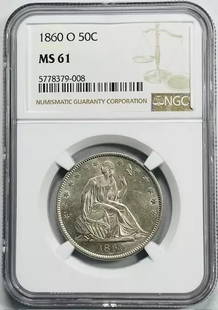1860 O NGC MS 61 Liberty Seated Half Dollar Silver Coin: 1860 O NGC MS 61 Liberty Seated Half Dollar Silver Coin This 1860 O Half Dollar features the iconic Liberty Seated design and has been graded as MS 61 by NGC, ensuring its high quality. Minted in New