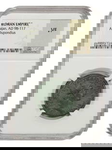 Ancient Roman Trajan AE Dupondius Coin NGC VF Certified 98-117 AD: Ancient Roman Trajan AE Dupondius Coin NGC VF Certified 98-117 AD This Ancient Roman AE Dupondius features the reign of Emperor Trajan, dated AD 98-117. The coin is certified by NGC with a certificati