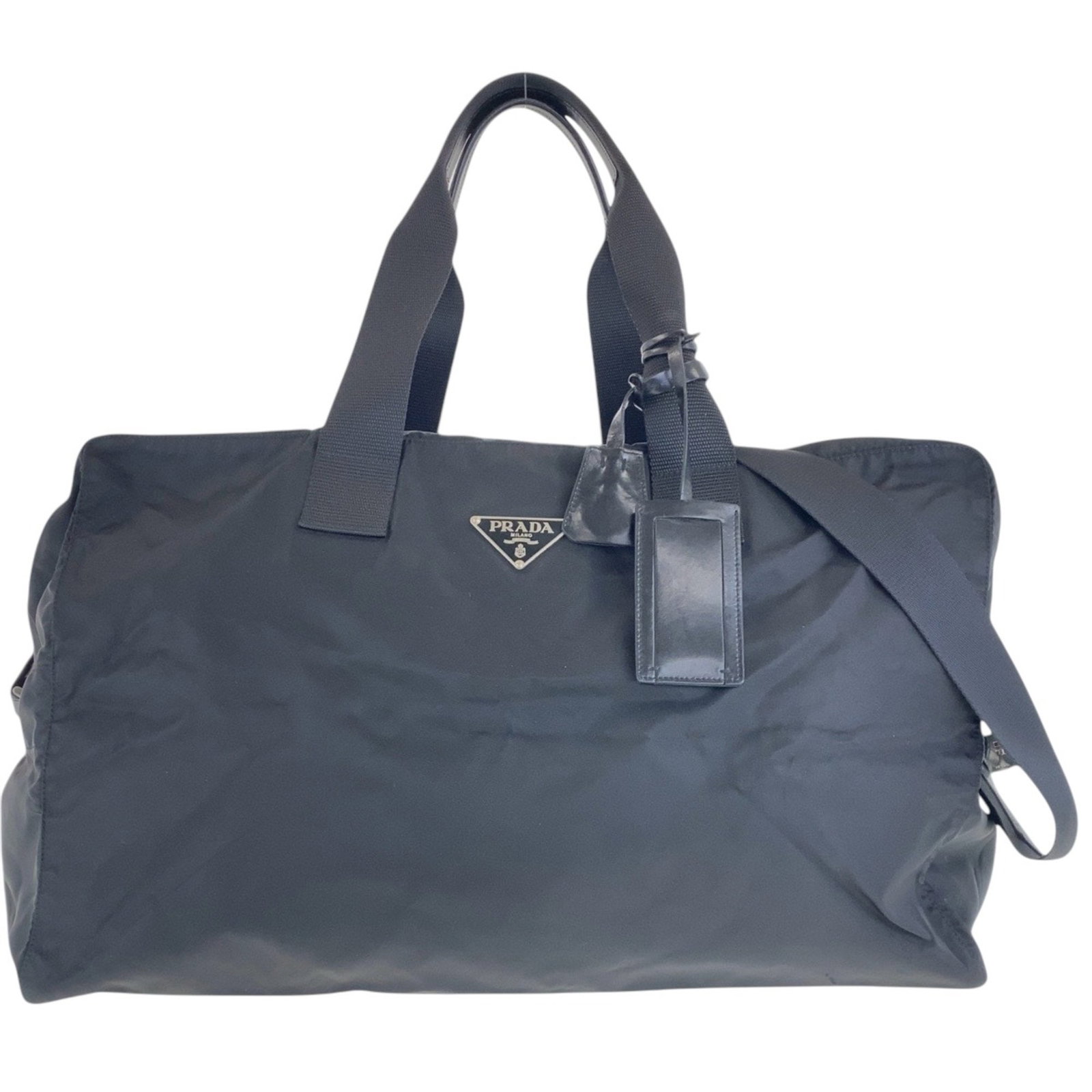Prada Tessuto Triangle Logo Black Nylon Boston Bag Women's Shoulder Bag: Prada Tessuto Triangle Logo Black Nylon Boston Bag Women's Shoulder Bag This stylish Prada Tessuto Triangle Logo Plate Boston Bag is crafted from durable black nylon, featuring elegant silver hardware