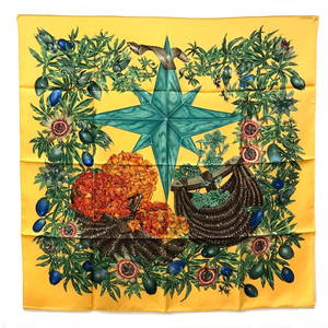 Hermes Carre90 Floral Scarf Yellow Green 35.4 x 35.4 Inches