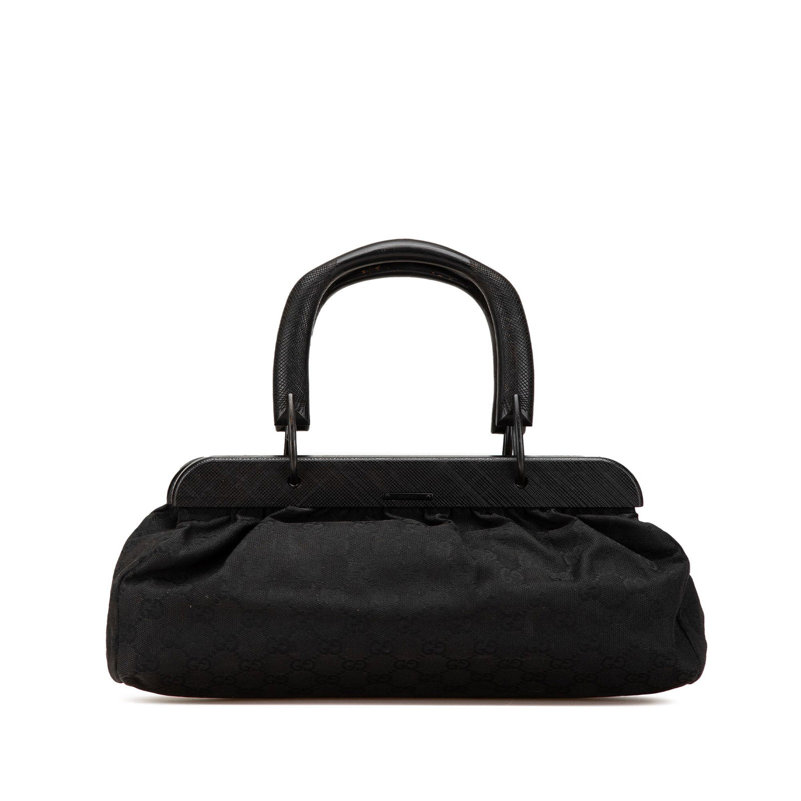 Gucci GG Canvas Handbag Black Fabric with Wood Handles: Gucci GG Canvas Handbag Black Fabric with Wood Handles This Gucci GG Canvas Handbag showcases a stylish canvas body with wood top handles and an open top design for easy access. It includes an interio
