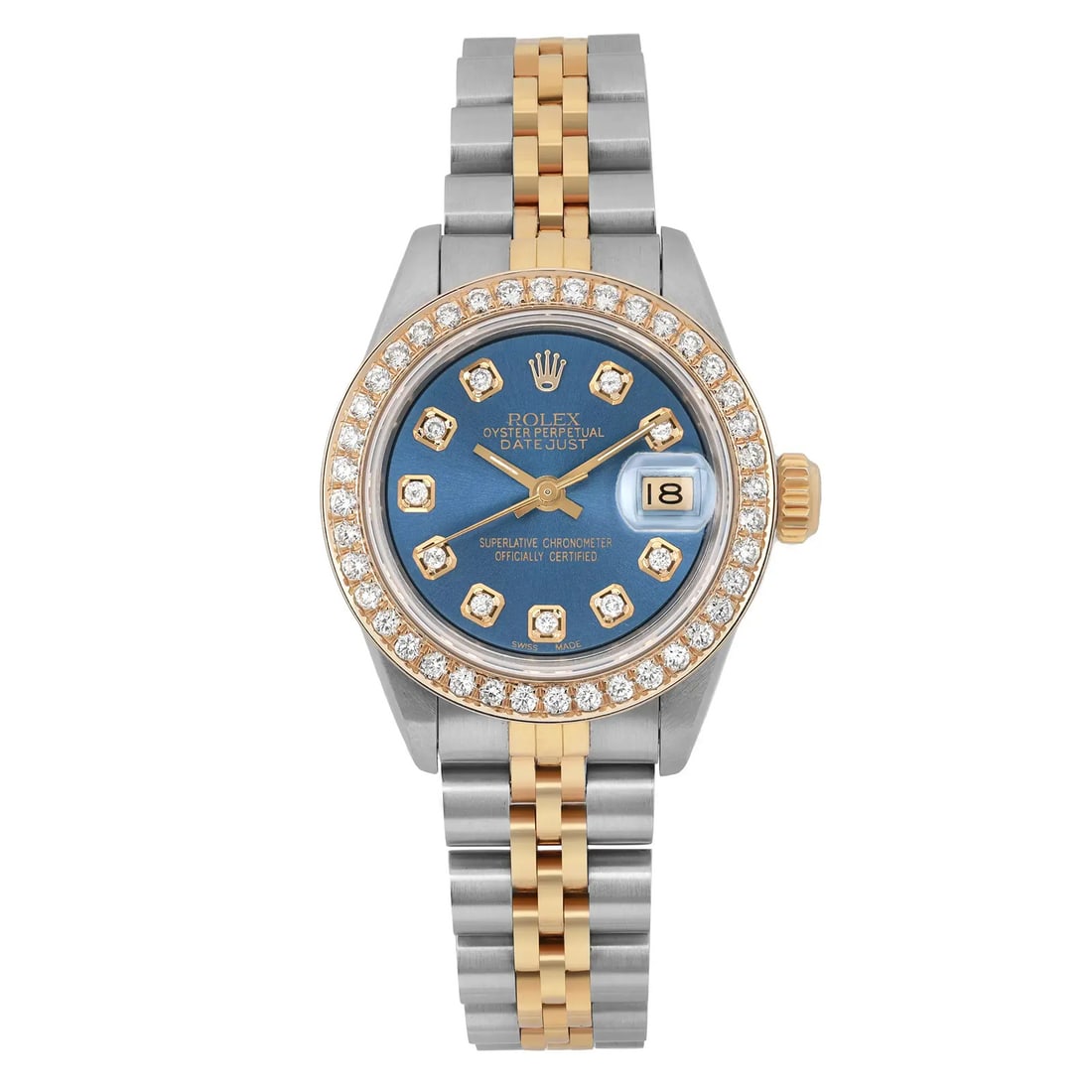 Rolex Lady Datejust 69173 18K Gold Steel Custom Blue Diamond Dial Watch: Rolex Lady Datejust 69173 18K Gold Steel Custom Blue Diamond Dial Watch This luxurious Rolex Lady Datejust watch features a stunning combination of 18K yellow gold and stainless steel. The custom blue