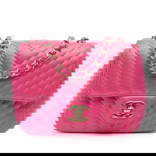 Chanel Mini Square Chevron Flap Bag Pink Lambskin Leather: Chanel Mini Square Chevron Flap Bag Pink Lambskin Leather Introducing the Chanel Mini Square Classic Chevron in luxurious lambskin leather, a sophisticated addition to any collection. This stunning