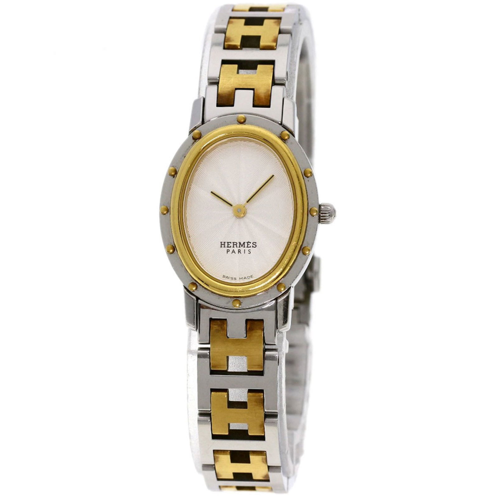 Hermes Clipper Oval Ladies Watch SS and Gold Plate Quartz: Hermes Clipper Oval Ladies Watch SS and Gold Plate Quartz Discover the exquisite Hermes CO1.220 Clipper Oval Watch, designed specifically for women. This elegant wristwatch features a stainless steel
