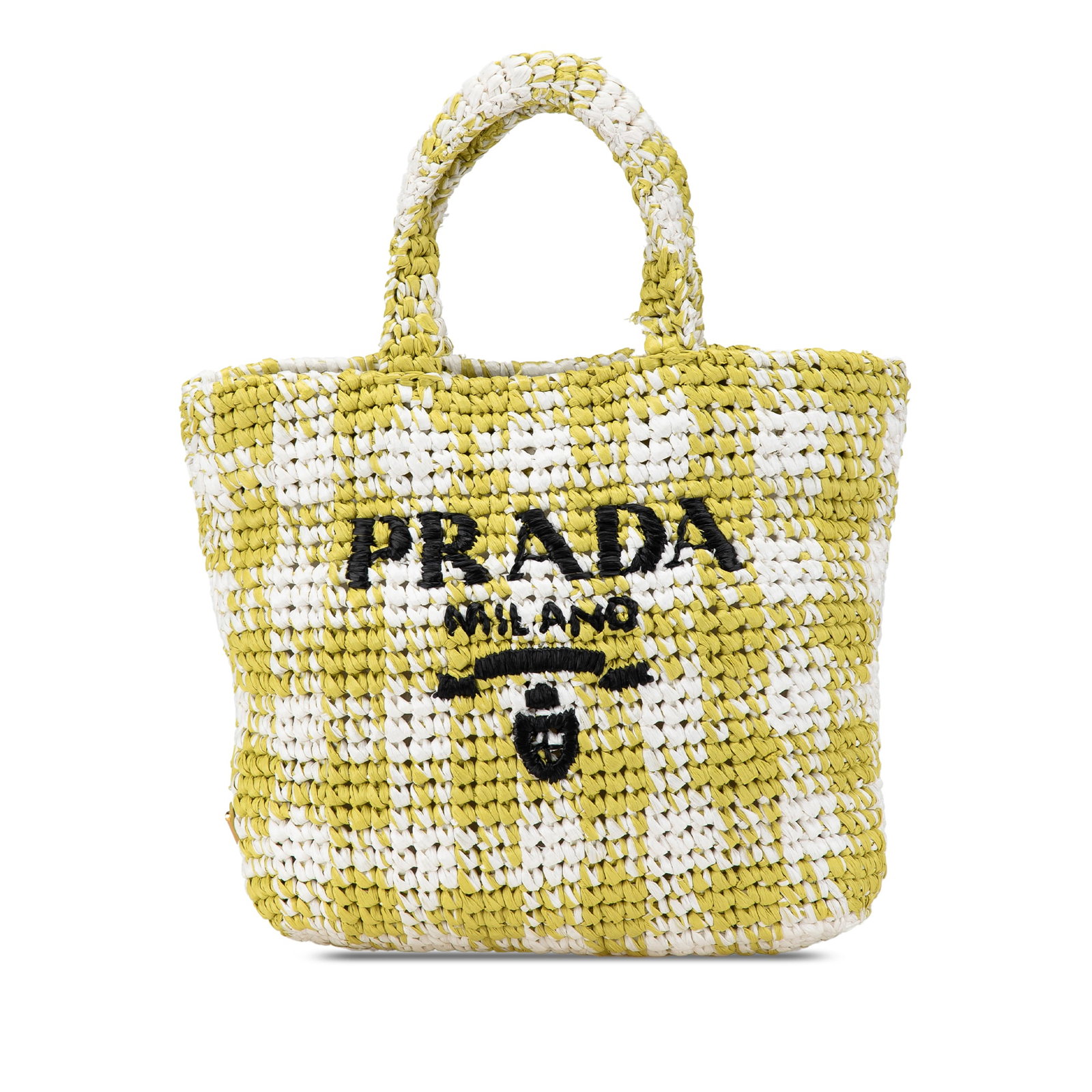 Prada Small Yellow Raffia Crochet Logo Tote Bag Italy: Prada Small Yellow Raffia Crochet Logo Tote Bag Italy Introducing the Prada Small Raffia Effect Crochet Embroidered Logo Tote, a stylish accessory that combines elegance and functionality. This tote b
