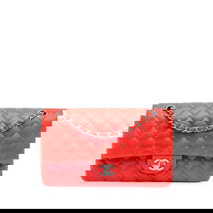 Chanel Medium Classic Red Perforated Lambskin Double Flap Bag: Chanel Medium Classic Red Perforated Lambskin Double Flap Bag This shoulder bag features a quilted perforated lambskin leather body, leather woven chain link straps, a double top flap with CC