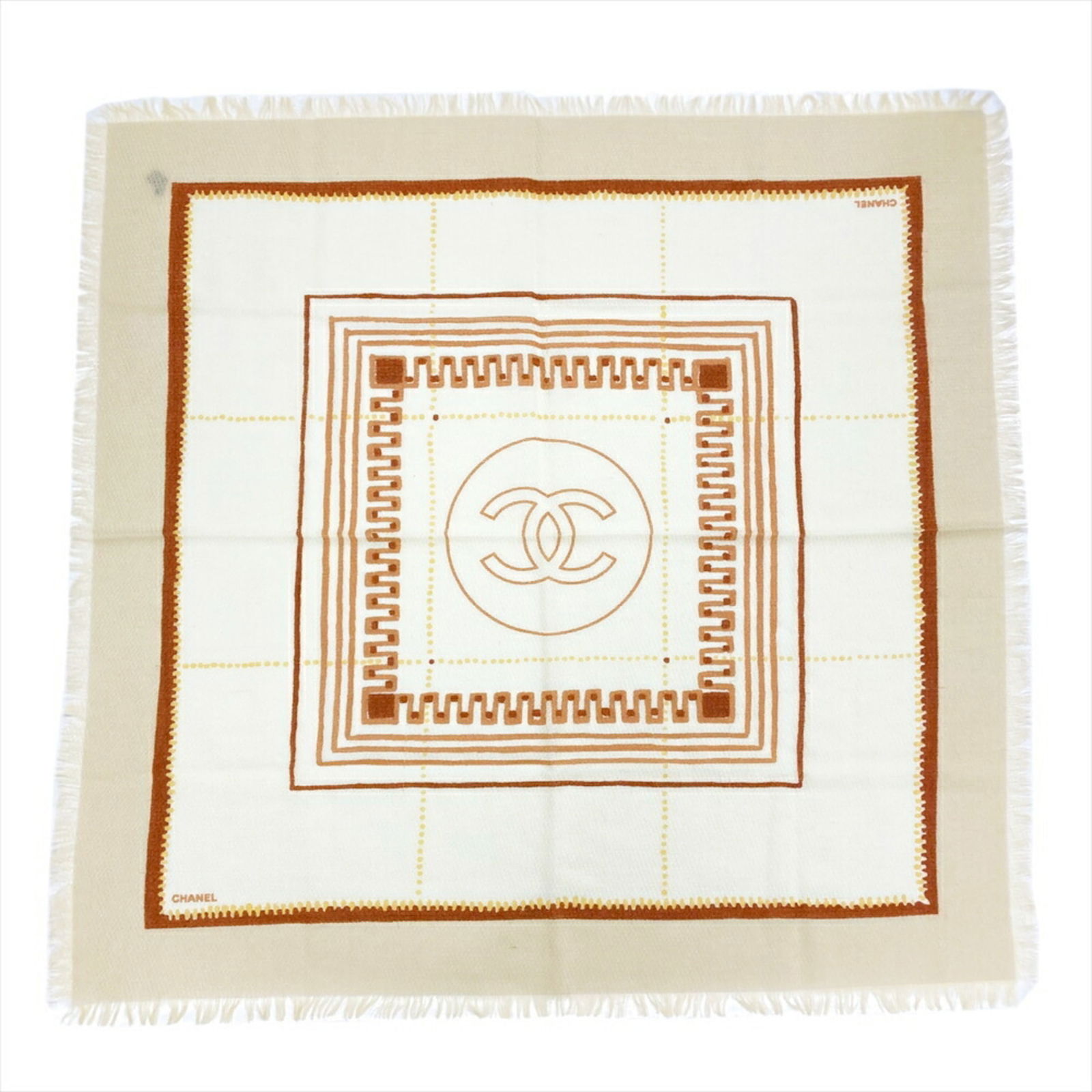 Chanel Beige Scarf Muffler with Coco Mark for Women: Chanel Beige Scarf Muffler with Coco Mark for Women This exquisite Chanel scarf muffler, designed for women, showcases a sophisticated beige color complemented by the iconic Coco mark. Crafted from a