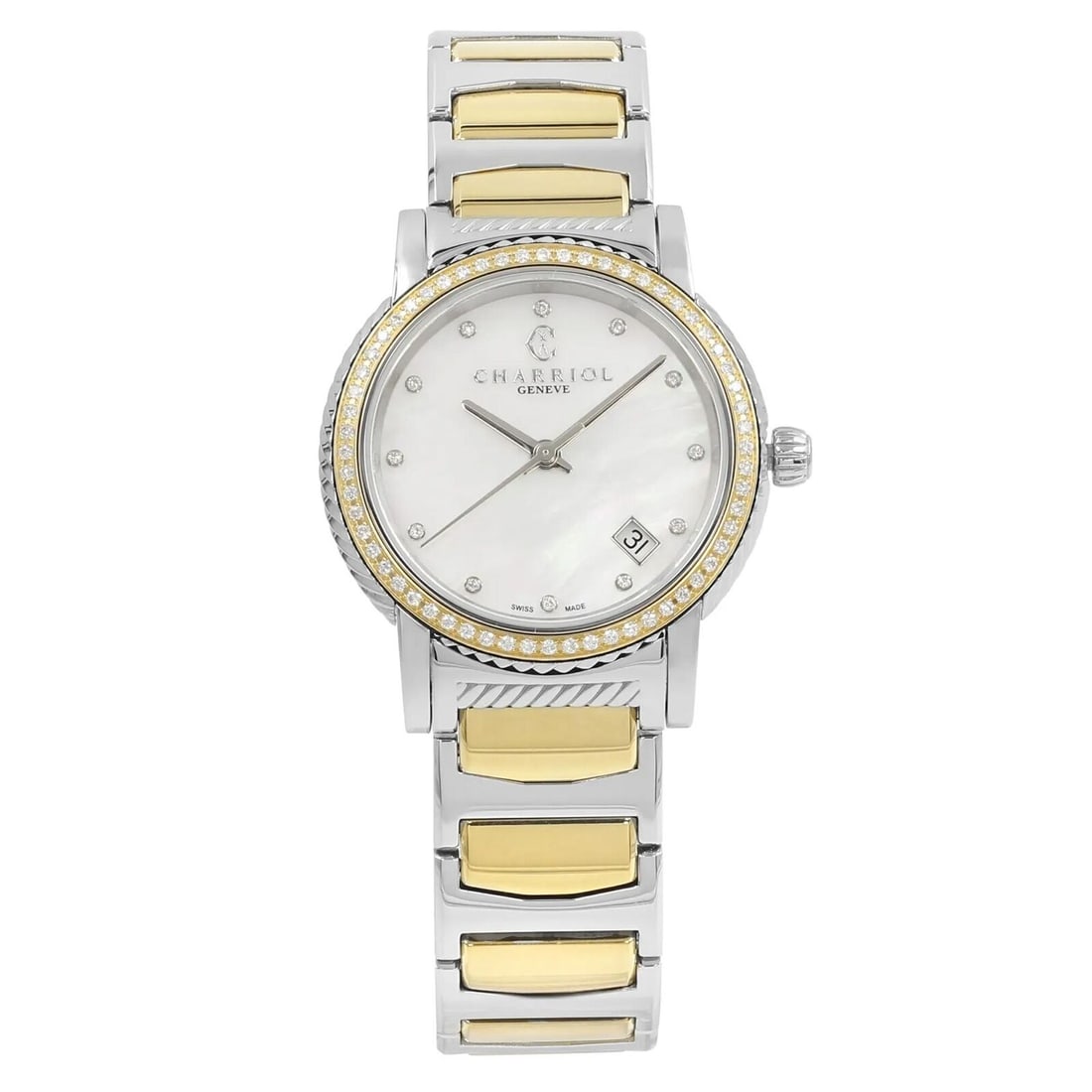 Charriol Parisii P33SY2D Two Tone MOP Quartz Ladies Watch with Diamonds: Charriol Parisii P33SY2D Two Tone MOP Quartz Ladies Watch with Diamonds Discover the elegance of the Charriol Parisii ladies watch, featuring a sophisticated blend of two-tone stainless steel and a st