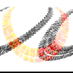 Lita Atencio 14k Gold Coral Tourmaline 3 Row Necklace: Lita Atencio 14k Gold Coral Tourmaline 3 Row Necklace This exquisite 14k Gold Coral Tourmaline Spiny Oyster Rondelle Disc 3 Row Necklace features a stunning layered design with a vibrant combination