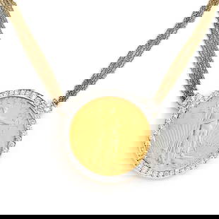 22k Liberty Coin Diamond Pendant Necklace 14k Gold Multi-Chain: 22k Liberty Coin Diamond Pendant Necklace 14k Gold Multi-Chain Presenting a stunning 22k 1oz Liberty gold coin pendant set in a luxurious 14k yellow gold frame adorned with sparkling diamonds. The pen