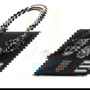 Dior Medium Calfskin Patch Embellished Handbag Black Leather: Dior Medium Calfskin Patch Embellished Handbag Black Leather This Medium Calfskin Patch Embellished Lady Dior showcases a stylish blend of luxury and functionality. The bag features a leather body
