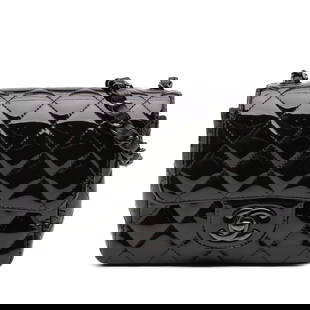 Chanel Mini Square Classic Patent So Black Flap Bag: Chanel Mini Square Classic Patent So Black Flap Bag This Chanel Mini Square Classic Patent So Black Single Flap bag showcases a luxurious quilted patent leather exterior complemented by sleek black ha