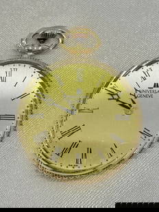 18K Yellow Gold Universal Geneve Pocket Watch with Holder: 18K Yellow Gold Universal Geneve Pocket Watch with Holder This exquisite 18K yellow gold pocket watch from Universal Geneve showcases exceptional craftsmanship and timeless design. Fully signed and ha