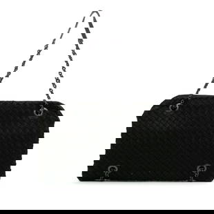 Bottega Veneta Grosgrain Intrecciato Duo Bag with Chain Straps: Bottega Veneta Grosgrain Intrecciato Duo Bag with Chain Straps This Bottega Veneta Grosgrain Intrecciato Duo Shoulder Bag features a stylish woven grosgrain body with elegant chain link straps. The