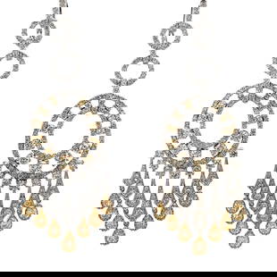 Stunning 18k Two Tone Gold 7.90ct Yellow White Diamond Dangle Earrings: Stunning 18k Two Tone Gold 7.90ct Yellow White Diamond Dangle Earrings Elevate your elegance with these stunning 18k Two Tone Gold Dangle Chandelier Earrings. Featuring a total of 7.90ct of exquisite