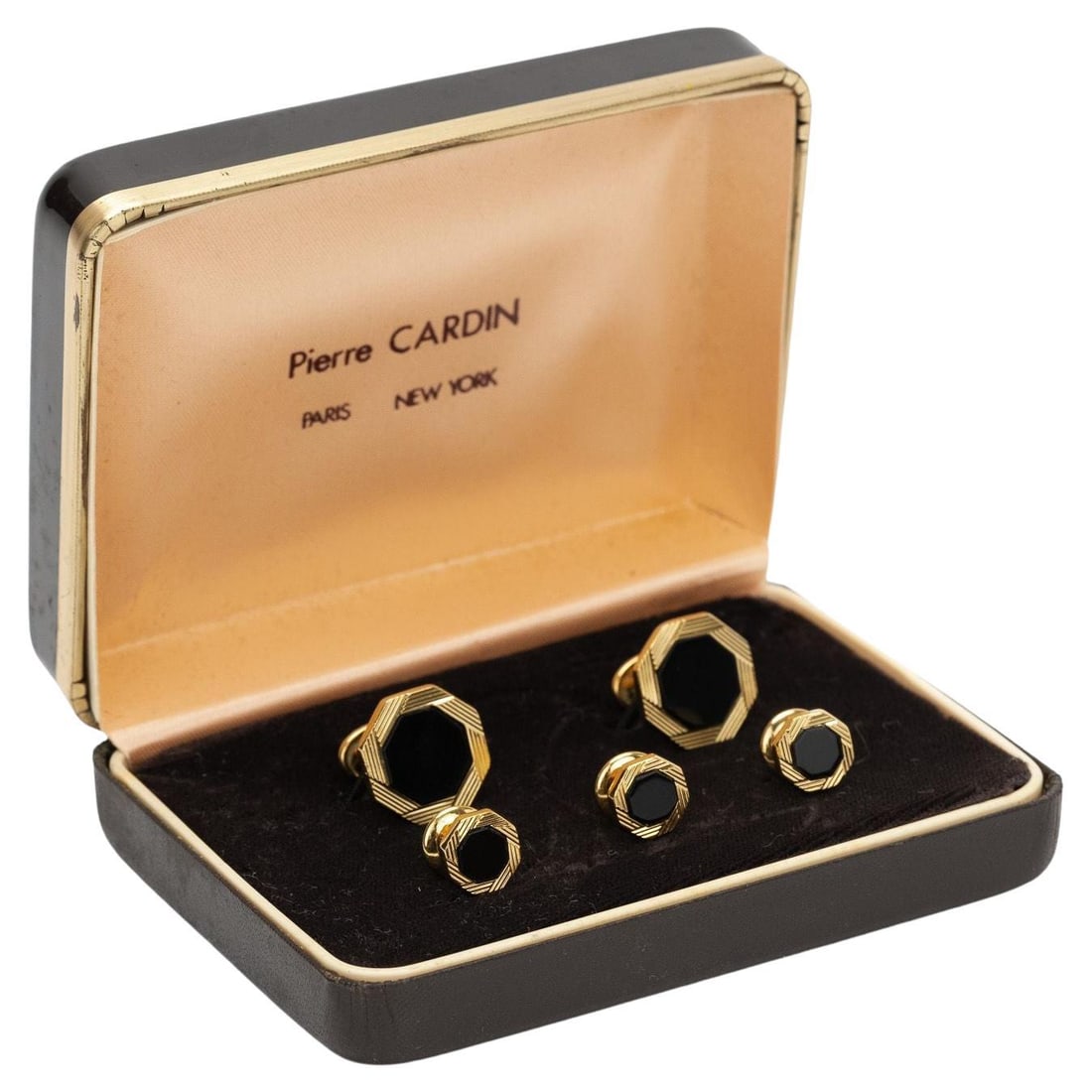 Pierre Cardin Black Gold Cufflinks Set of 5 in Original Box: Pierre Cardin Black Gold Cufflinks Set of 5 in Original Box Elegant Pierre Cardin black and gold cufflinks set, perfect for formal occasions. This collection includes five pieces, crafted in the 21st