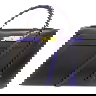 Hermes Kelly 32 Handbag Box Calf Leather Black Bleu Saphir: Hermes Kelly 32 Handbag Box Calf Leather Black Bleu Saphir Elevate your style with this exquisite Hermes Kelly 32 Handbag, crafted from luxurious box calf leather in a stunning combination of black an