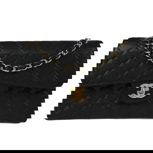 Chanel Black Caviar Leather Small Classic Double Flap Shoulder Bag: Chanel Black Caviar Leather Small Classic Double Flap Shoulder Bag This Chanel Small Classic Double Flap Shoulder Bag is crafted from luxurious black caviar skin leather, featuring a quilted matelasse