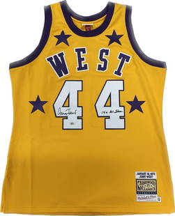 Jerry West Signed Mitchell & Ness Lakers Jersey PSA/DNA 14x All Star: Jerry West Signed Mitchell & Ness Lakers Jersey PSA/DNA 14x All Star This original Mitchell & Ness jersey features the signature of Los Angeles Lakers legend Jerry West, along with the inscription