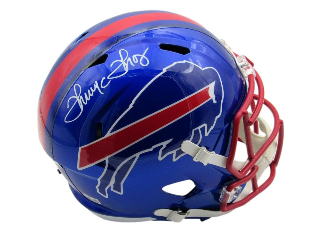 Thurman Thomas HOF Signed Speed Replica Helmet Buffalo Bills Beckett Authenticated: Thurman Thomas HOF Signed Speed Replica Helmet Buffalo Bills Beckett Authenticated This is a Thurman Thomas Hall of Fame Signed Full Size Speed Replica Helmet representing the Buffalo Bills. The helme