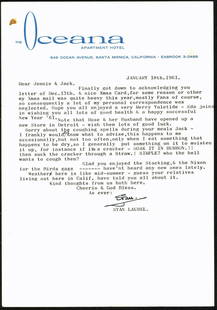 Stan Laurel Signed 1961 Oceana Hotel Letter PSA/DNA #Z08546: Stan Laurel Signed 1961 Oceana Hotel Letter PSA/DNA #Z08546 This is an original 7.25x10.5 letter from the Oceana Hotel, dated 1961, personally signed by the legendary Stan Laurel. It comes with a