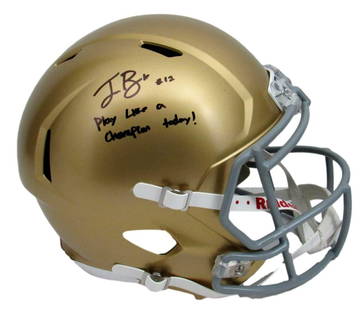 Ian Book Signed Notre Dame Gold Full Size Speed Helmet BAS Beckett COA: Ian Book Signed Notre Dame Gold Full Size Speed Helmet BAS Beckett COA This is an Ian Book Signed Notre Dame Gold Full Size Speed Replica Helmet, featuring the inscription "Play Like a Champion