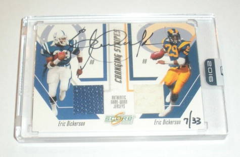 Eric Dickerson 2016 Panini Honors Signed Dual Jersey Card 7/33: Eric Dickerson 2016 Panini Honors Signed Dual Jersey Card 7/33 This is an original 2016 Panini Honors signed card featuring a game-used dual jersey from ERIC DICKERSON, a renowned NFL player. The