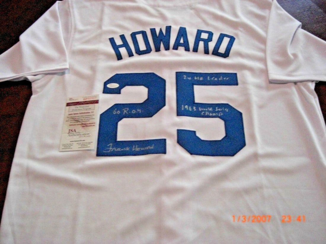Frank Howard Signed Dodgers Jersey 1963 WS Champs 2X HR Leader JSA COA: Frank Howard Signed Dodgers Jersey 1963 WS Champs 2X HR Leader JSA COA Celebrate the legacy of Frank Howard with this signed Dodgers jersey, commemorating the 1963 World Series Champions. This origina