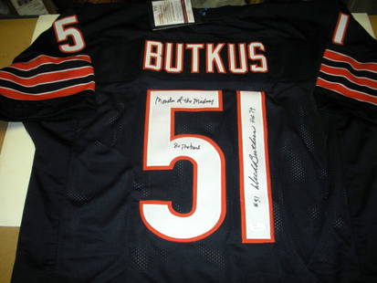 Dick Butkus Signed Chicago Bears Jersey HOF 79 JSA COA: Dick Butkus Signed Chicago Bears Jersey HOF 79 JSA COA Celebrate the legacy of football legend Dick Butkus with this signed Chicago Bears jersey. This original jersey, a tribute to the famed
