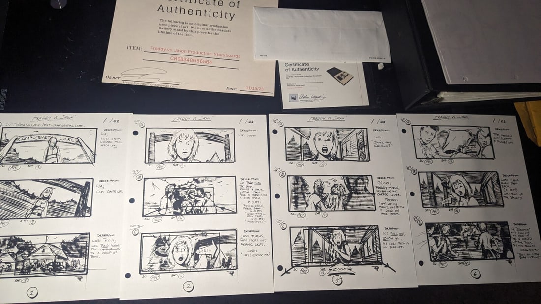 Freddy vs Jason Original Storyboards Set with COA Horror Props: Freddy vs Jason Original Storyboards Set with COA Horror Props Explore this exclusive collection of original production storyboards from the iconic horror film 'Freddy vs. Jason,' featuring a gripping