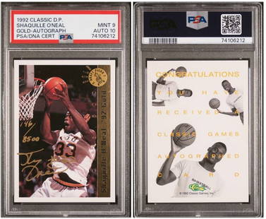 Shaquille O'Neal 2008 Classics Gold Autograph PSA 9 Limited Edition: Shaquille O'Neal 2008 Classics Gold Autograph PSA 9 Limited Edition This collectible card features a gold autograph of basketball legend Shaquille O'Neal from the 2008 Classics Draft Picks series.