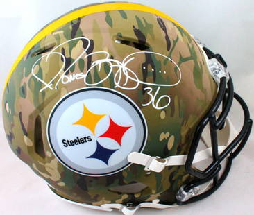 Jerome Bettis Signed Camo Steelers F/S Authentic Helmet Beckett Certified: Jerome Bettis Signed Camo Steelers F/S Authentic Helmet Beckett Certified This authentic Pittsburgh Steelers helmet features the signature of legendary player Jerome Bettis. The helmet is a