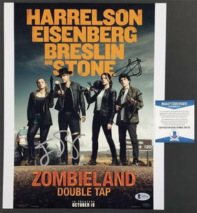 Jesse Eisenberg Zoey Deutch Signed Zombieland 11x14 Photo Beckett COA: Jesse Eisenberg Zoey Deutch Signed Zombieland 11x14 Photo Beckett COA This is an original 11x14 photograph from the movie Zombieland, featuring the signatures of Jesse Eisenberg and Zoey Deutch. The p