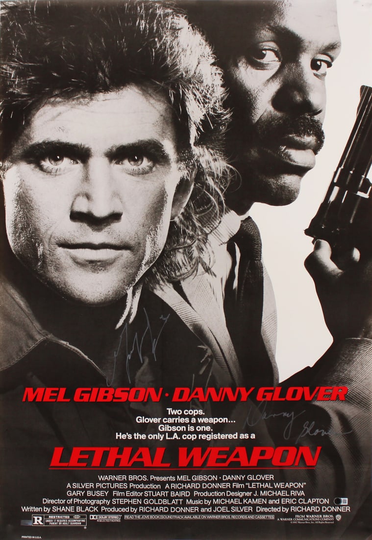 Lethal Weapon Signed Movie Poster 27x40 Mel Gibson Danny Glover Beckett COA: Lethal Weapon Signed Movie Poster 27x40 Mel Gibson Danny Glover Beckett COA This original 27x40 movie poster features the autographs of Mel Gibson and Danny Glover from the iconic film "Lethal Weapon.