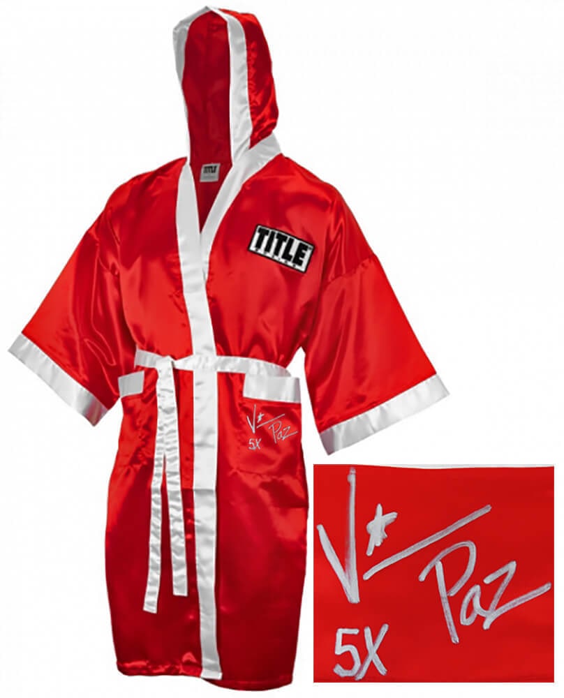 Vinny Pazienza Signed Boxing Robe Red White Trim Inscribed 5x: Vinny Pazienza Signed Boxing Robe Red White Trim Inscribed 5x Celebrate the legacy of boxing with this Vinny 'Paz' Pazienza signed title boxing robe. Featuring a striking red design with white trim, t