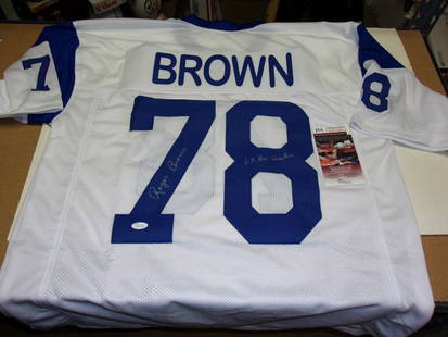 Roger Brown 6X Pro Bowl Signed Los Angeles Rams Jersey JSA COA: Roger Brown 6X Pro Bowl Signed Los Angeles Rams Jersey JSA COA This jersey is a signed piece of memorabilia from Roger Brown, a celebrated player of the Los Angeles Rams and a 6-time Pro Bowler. It is