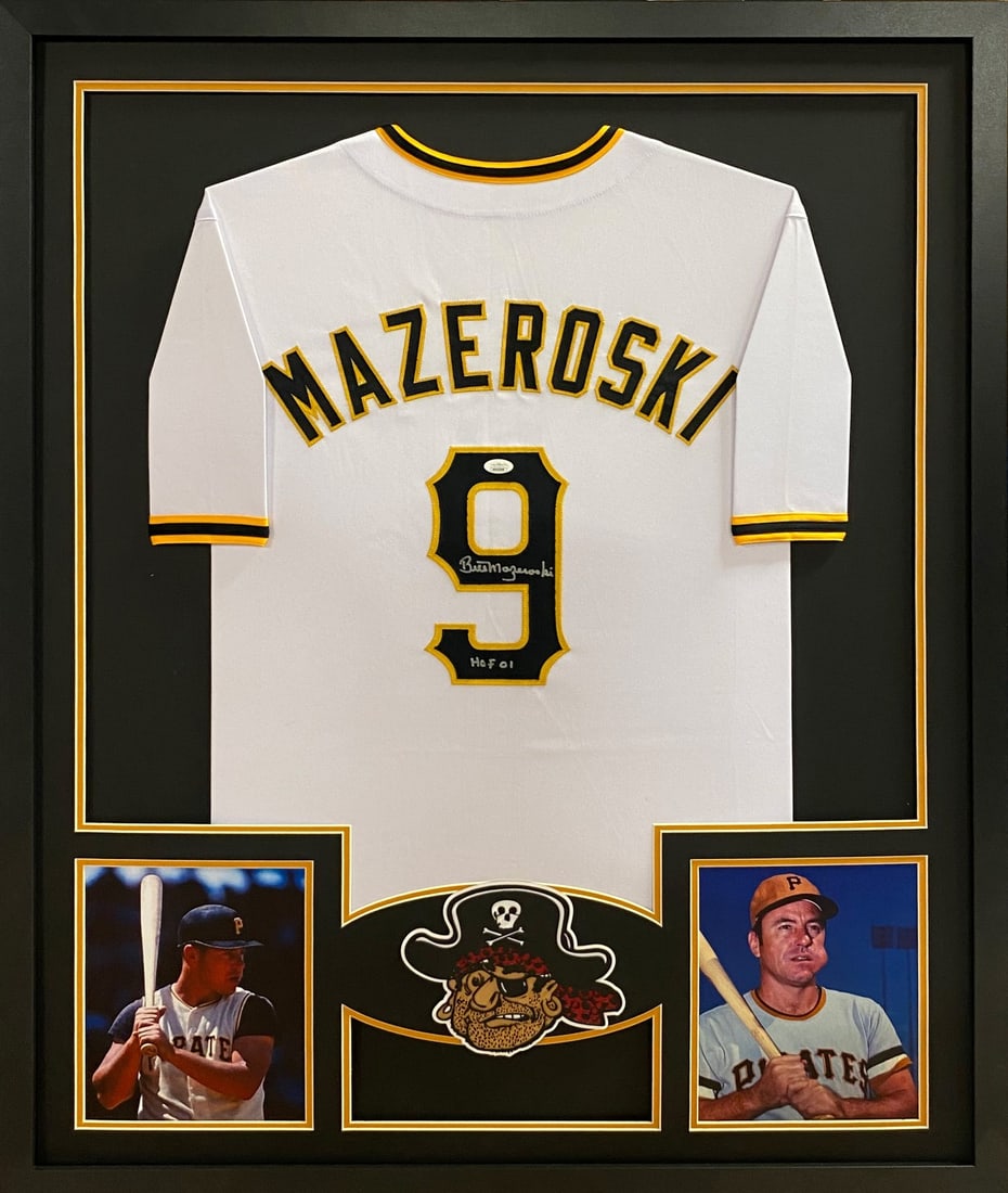 Bill Mazeroski Signed Framed Jersey JSA Authenticated Pittsburgh Pirates HOF: Bill Mazeroski Signed Framed Jersey JSA Authenticated Pittsburgh Pirates HOF Autographed Bill Mazeroski framed jersey. This jersey is authenticated by JSA. Comes with JSA tamper proof sticker to prove